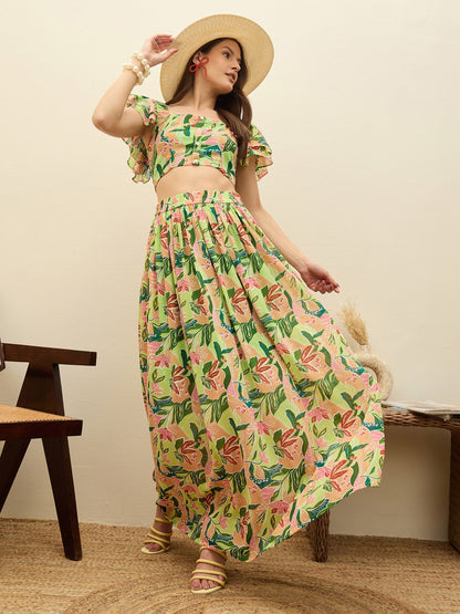 Women Green Floral Strappy Crop Top With Maxi Skirt