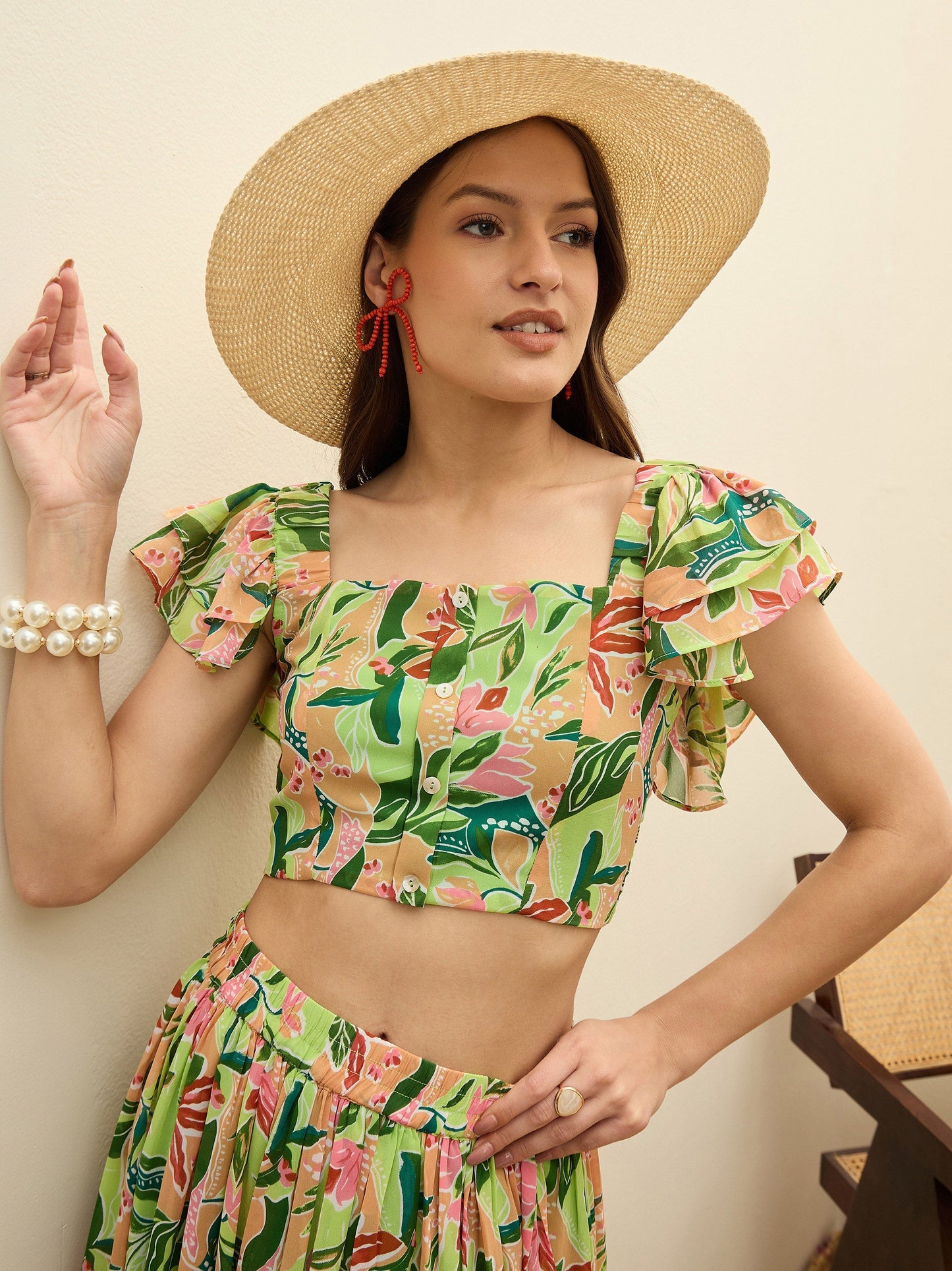 Women Green Floral Strappy Crop Top With Maxi Skirt