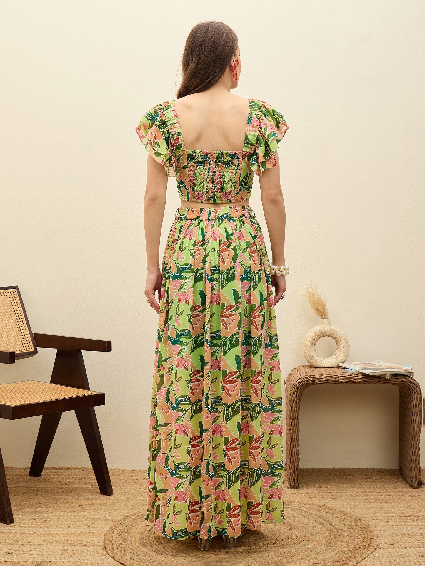 Women Green Floral Strappy Crop Top With Maxi Skirt