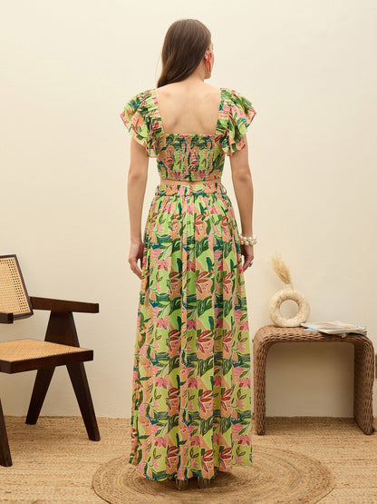 Women Green Floral Strappy Crop Top With Maxi Skirt