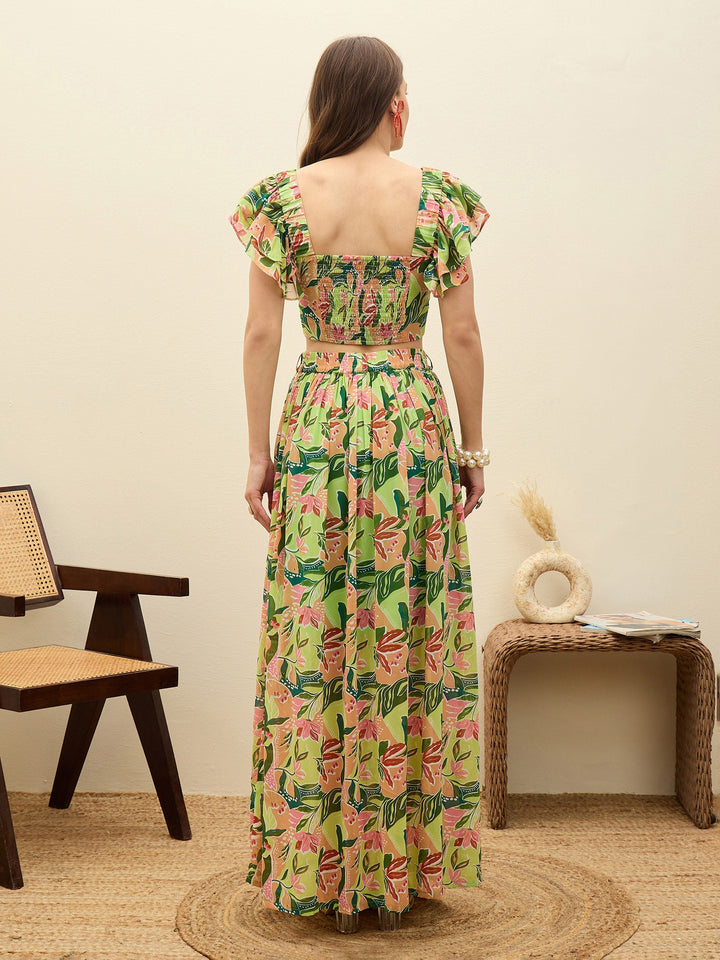 Women Green Floral Strappy Crop Top With Maxi Skirt