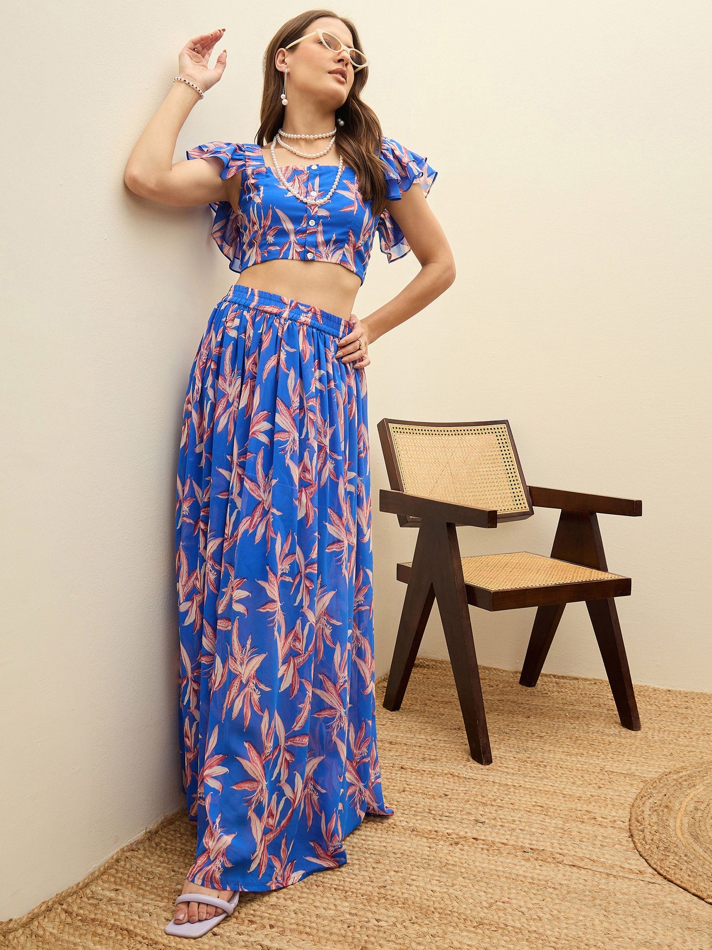 Women Blue Floral Strappy Crop Top With Maxi Skirt