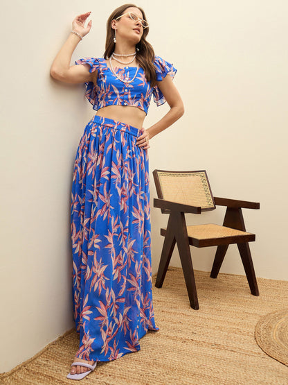Women Blue Floral Strappy Crop Top With Maxi Skirt