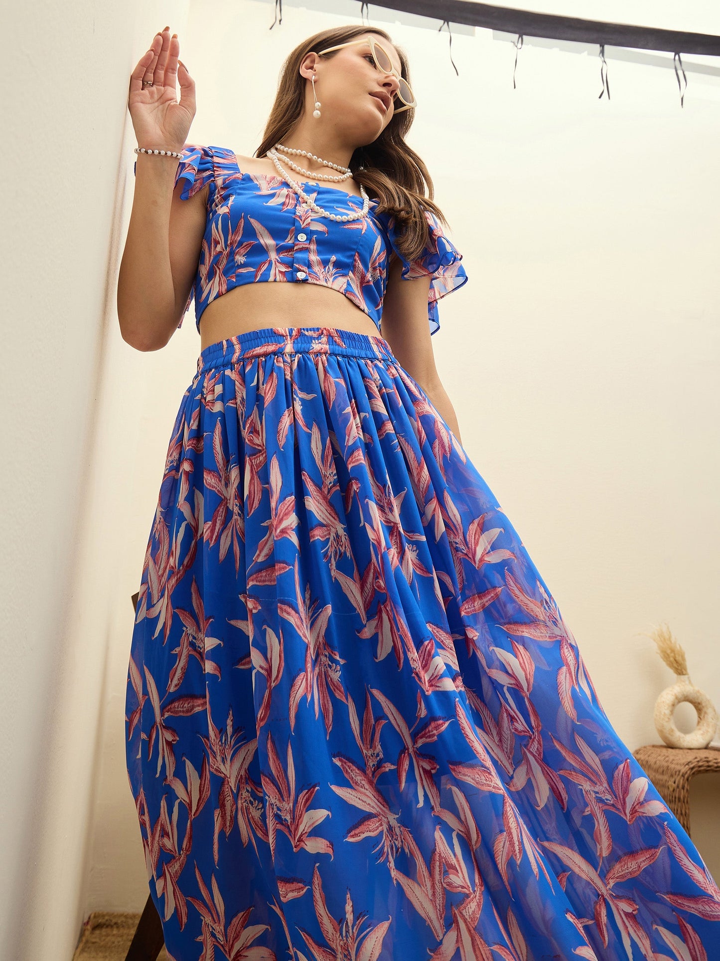 Women Blue Floral Strappy Crop Top With Maxi Skirt