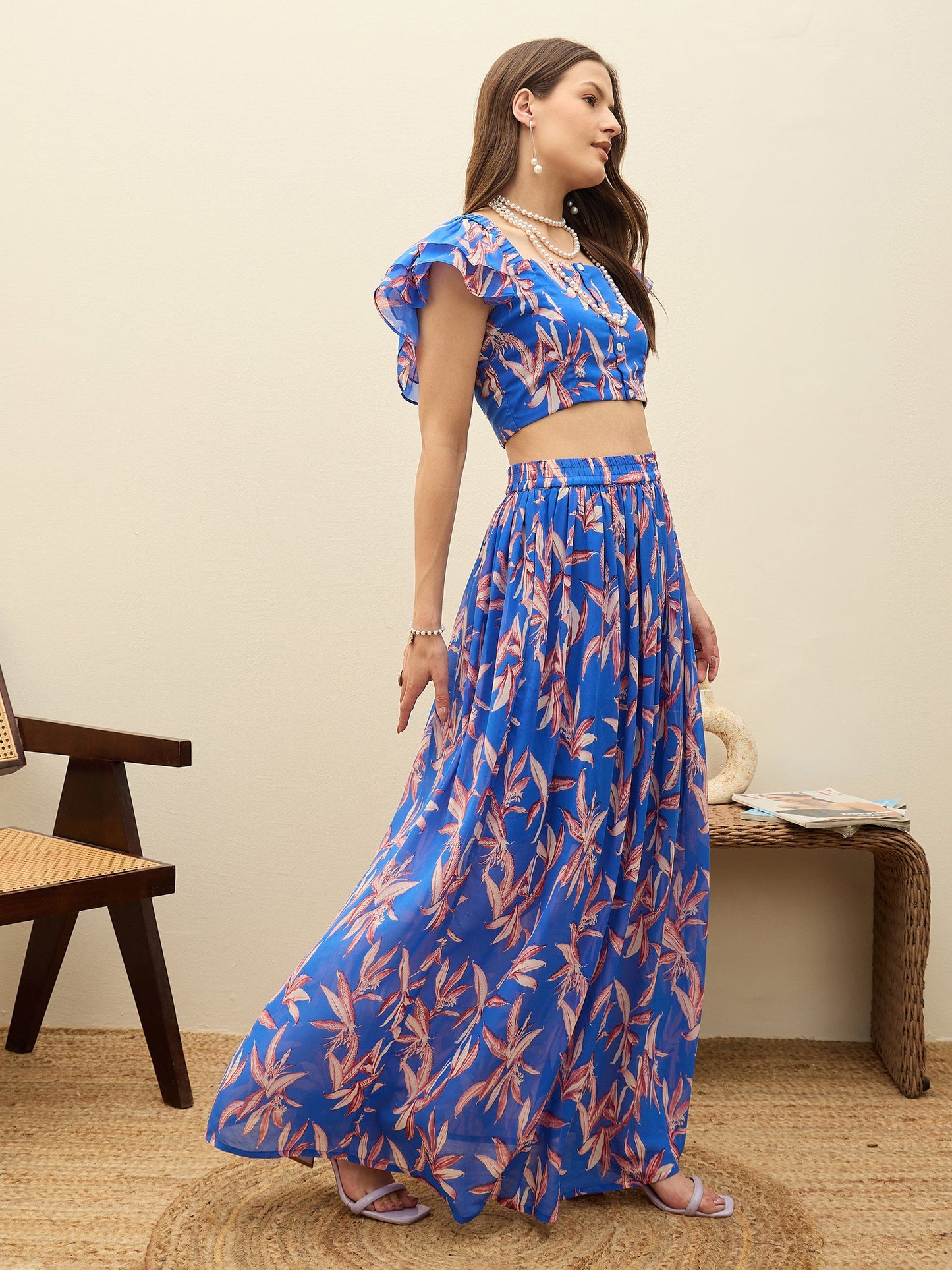 Women Blue Floral Strappy Crop Top With Maxi Skirt