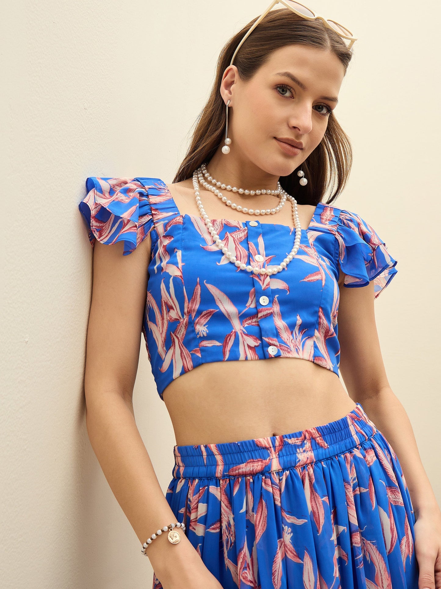 Women Blue Floral Strappy Crop Top With Maxi Skirt