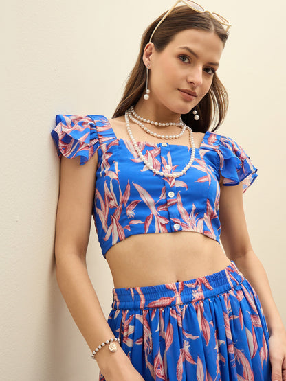 Women Blue Floral Strappy Crop Top With Maxi Skirt
