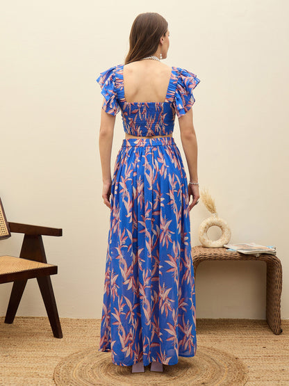 Women Blue Floral Strappy Crop Top With Maxi Skirt