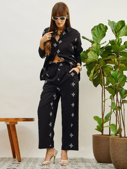 Women Black Embroidered Shirt With Straight Pants