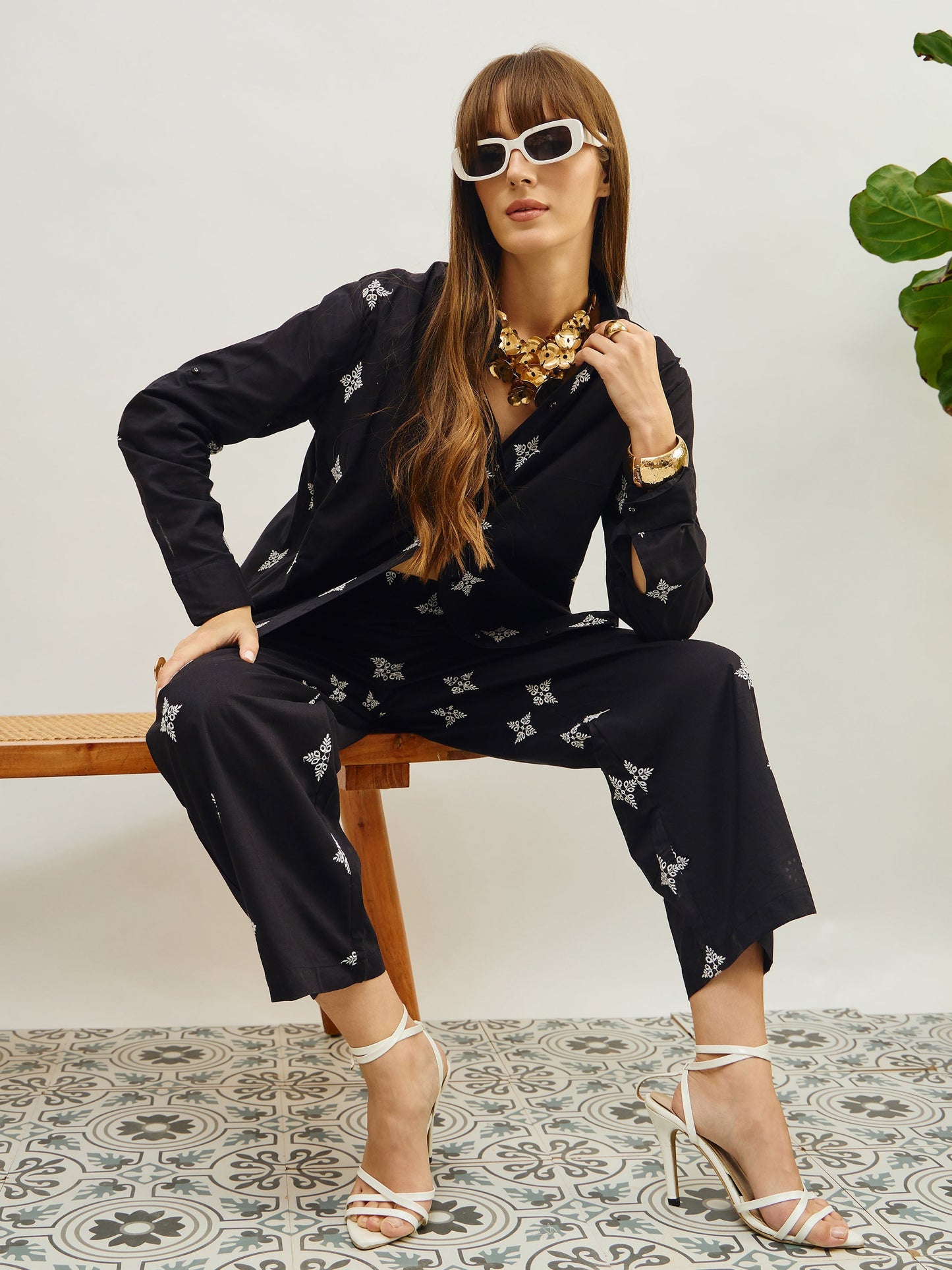 Women Black Embroidered Shirt With Straight Pants