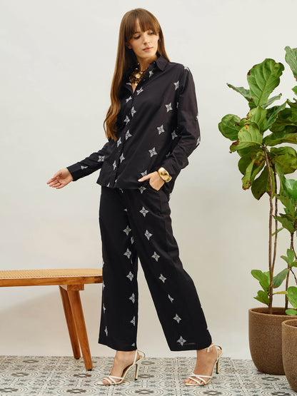 Women Black Embroidered Shirt With Straight Pants