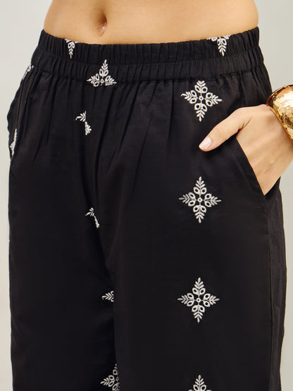 Women Black Embroidered Shirt With Straight Pants