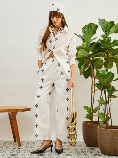 Women White Embroidered Shirt With Straight Pants