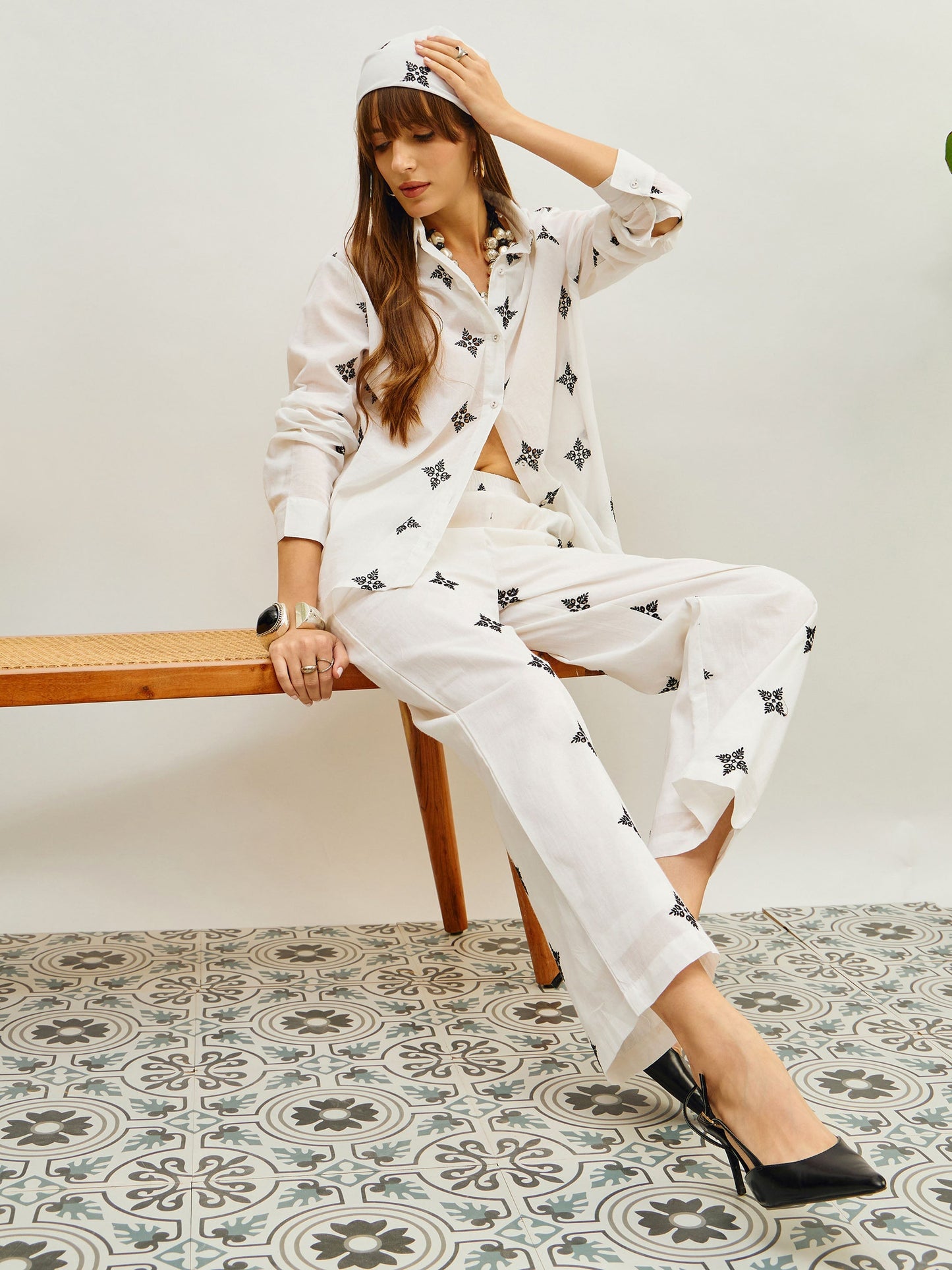 Women White Embroidered Shirt With Straight Pants