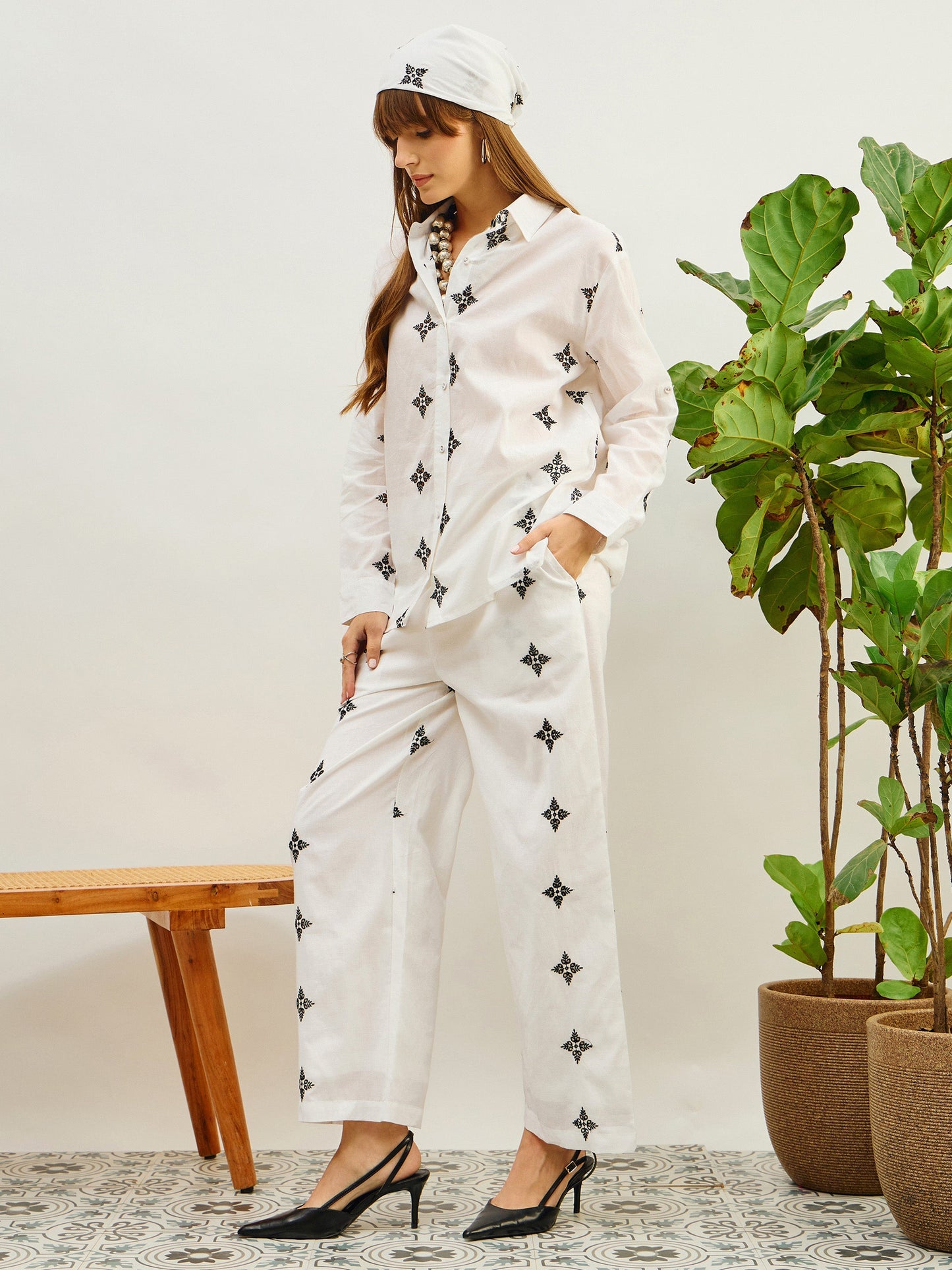 Women White Embroidered Shirt With Straight Pants