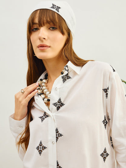 Women White Embroidered Shirt With Straight Pants