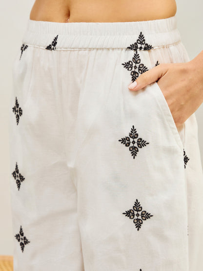 Women White Embroidered Shirt With Straight Pants
