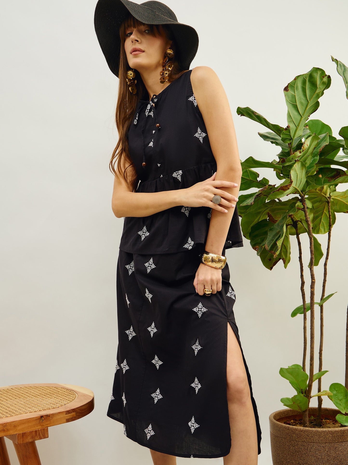 Black Embroidered Top With Flared Midi Skirt