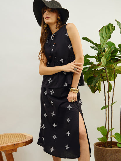 Black Embroidered Top With Flared Midi Skirt