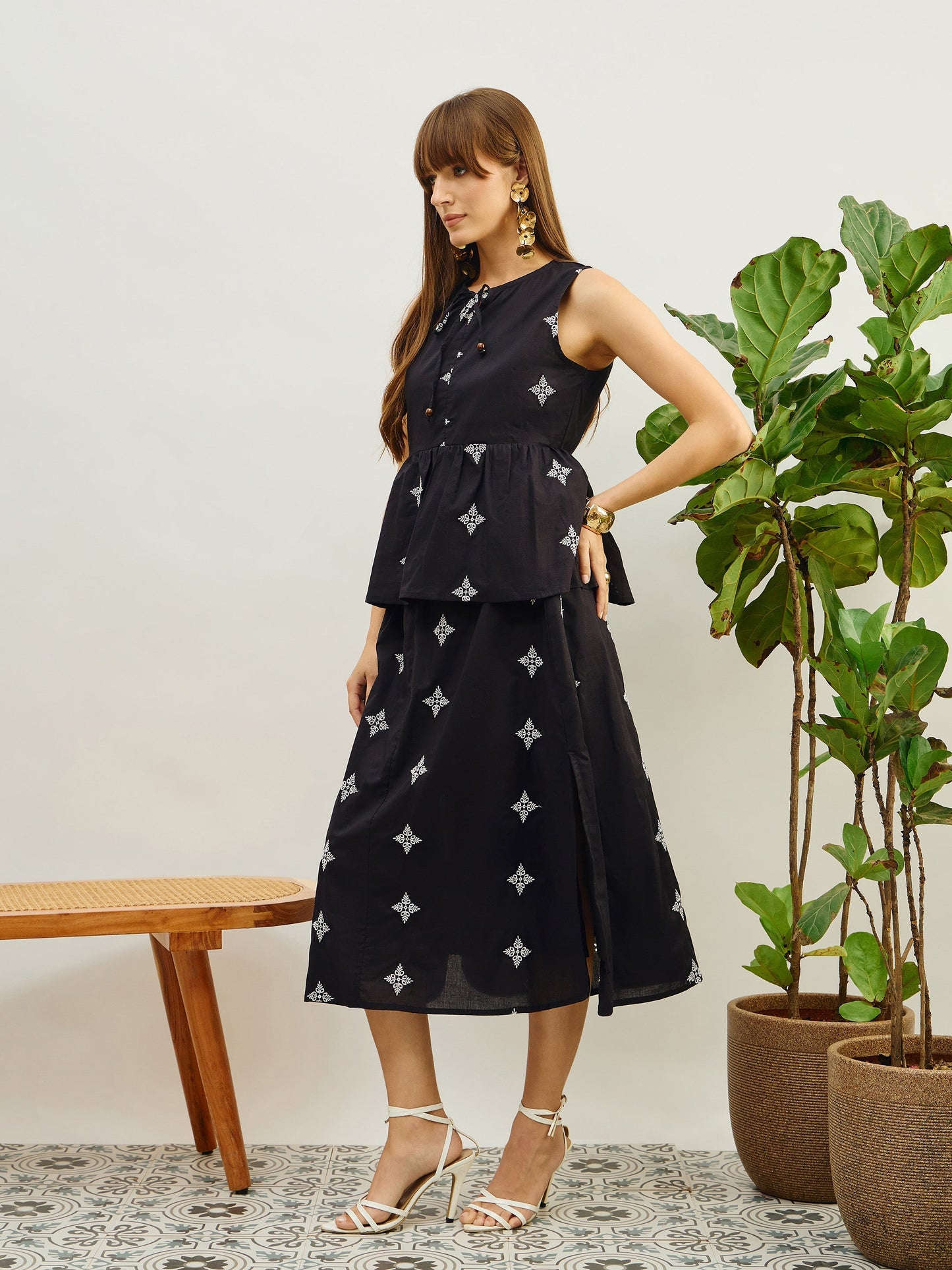 Black Embroidered Top With Flared Midi Skirt