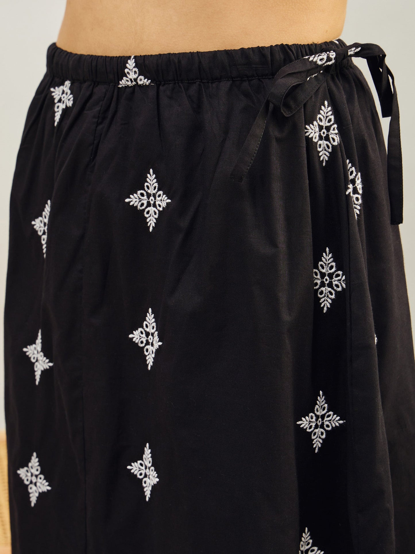 Black Embroidered Top With Flared Midi Skirt