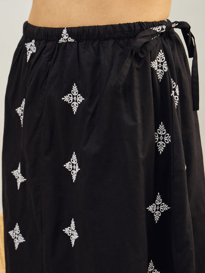 Black Embroidered Top With Flared Midi Skirt