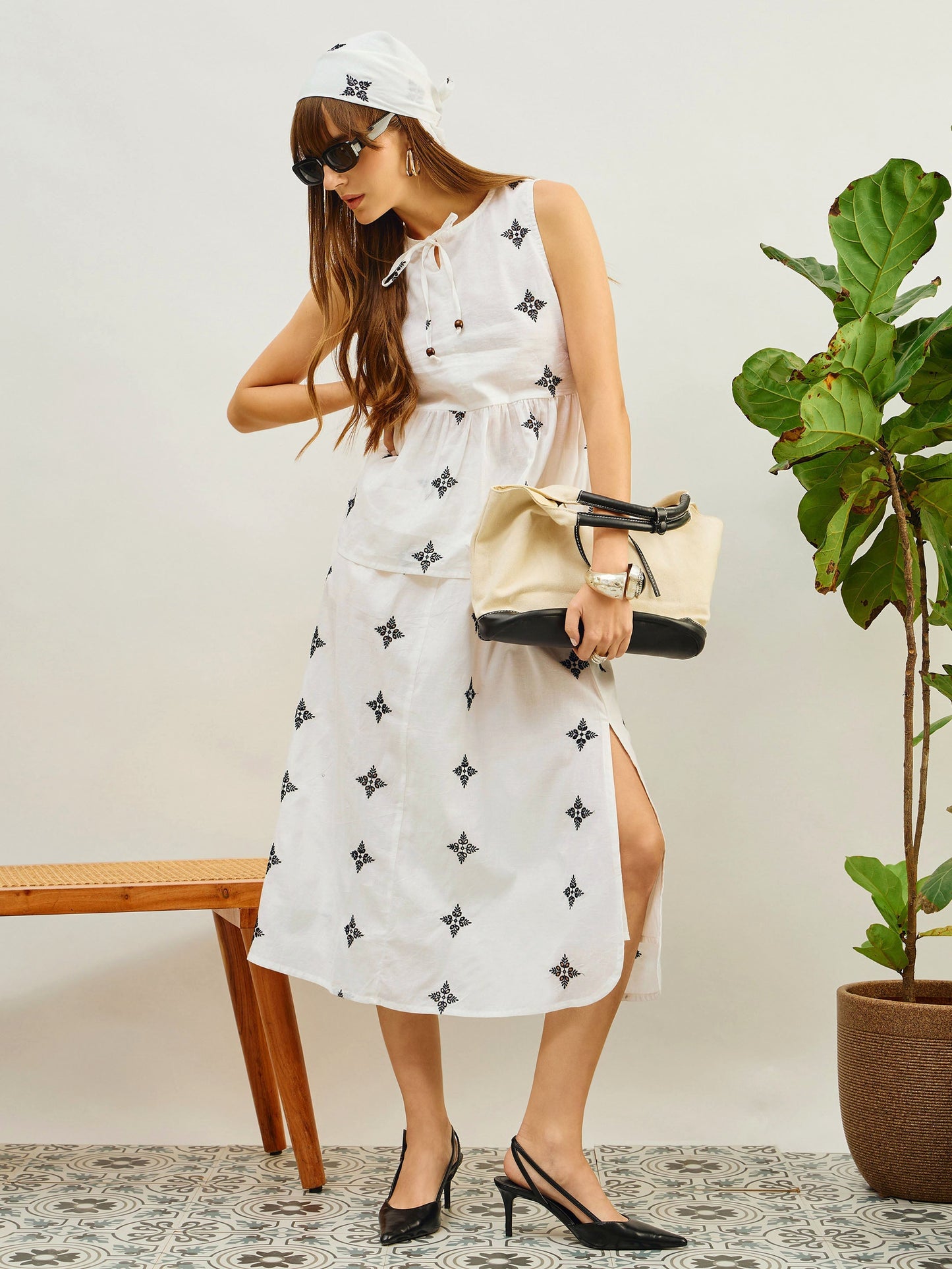 White Embroidered Top With Flared Midi Skirt