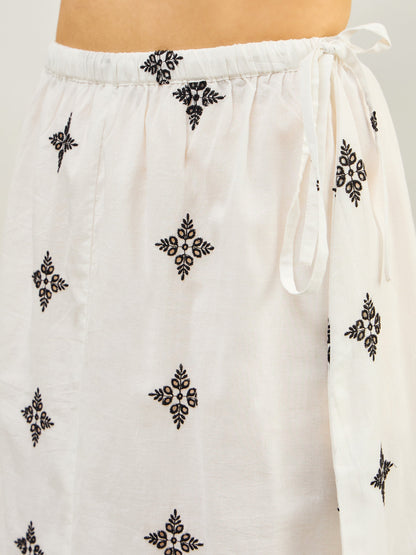 White Embroidered Top With Flared Midi Skirt