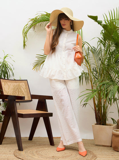 Women White Schiffli Tiered Shirt With Palazzo Pants
