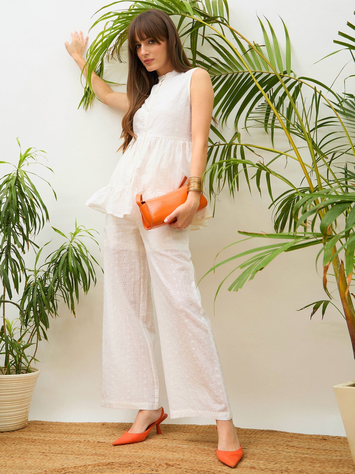 Women White Schiffli Tiered Shirt With Palazzo Pants