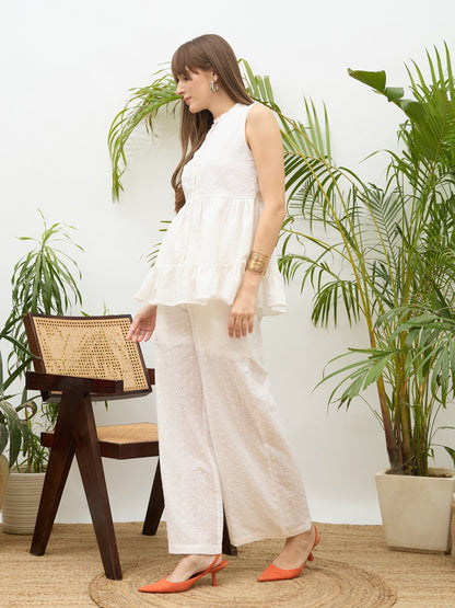 Women White Schiffli Tiered Shirt With Palazzo Pants