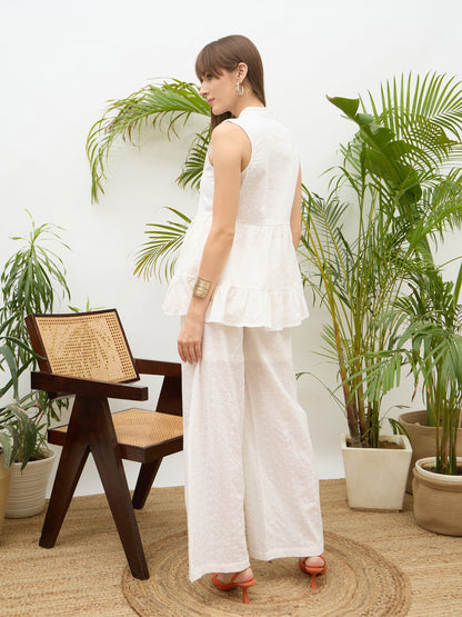 Women White Schiffli Tiered Shirt With Palazzo Pants