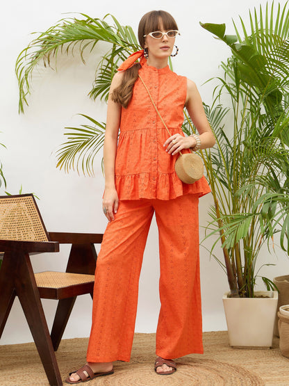 Women Orange Schiffli Tiered Shirt With Palazzo Pants