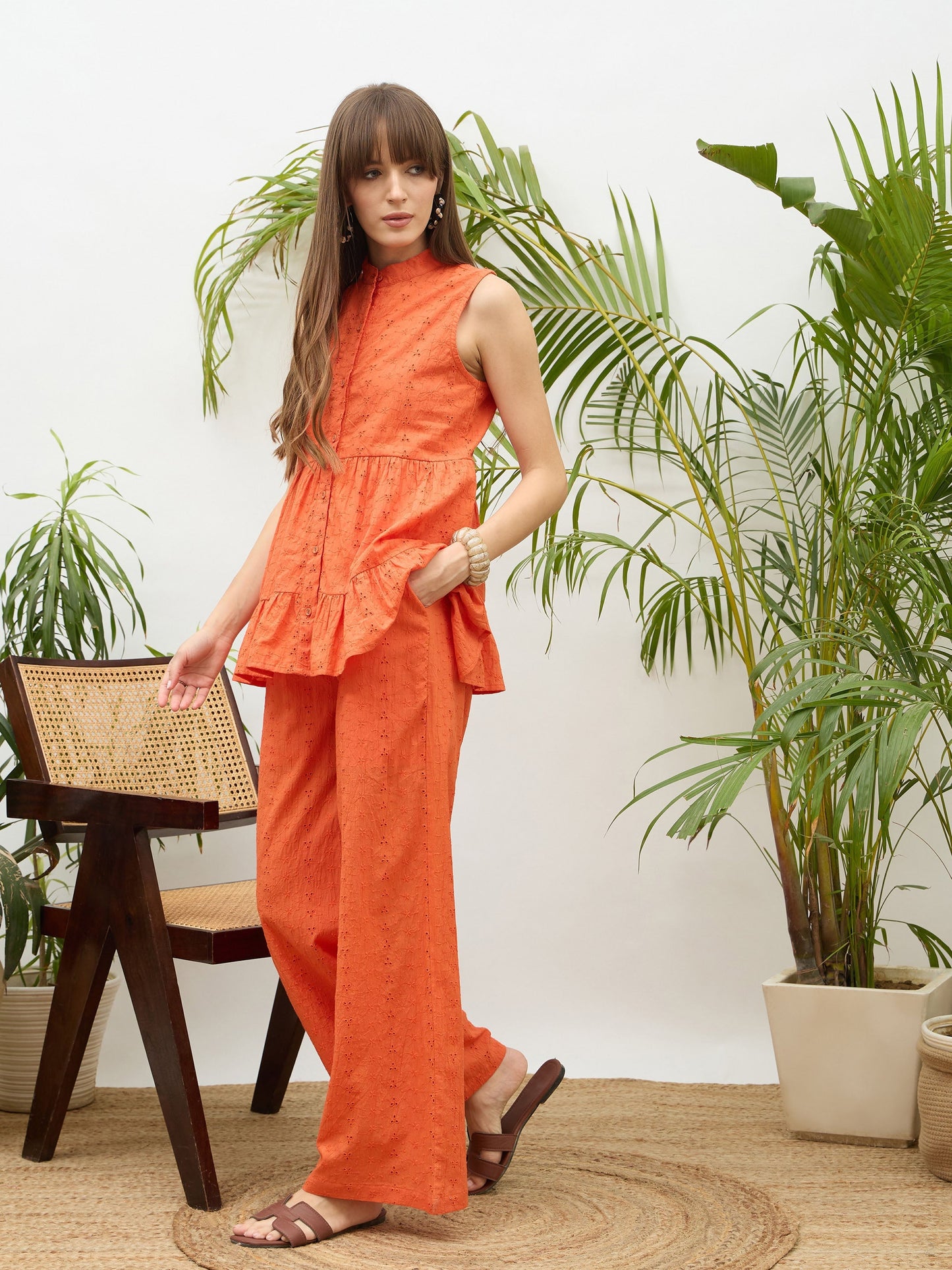 Women Orange Schiffli Tiered Shirt With Palazzo Pants