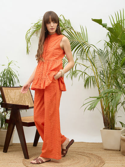 Women Orange Schiffli Tiered Shirt With Palazzo Pants