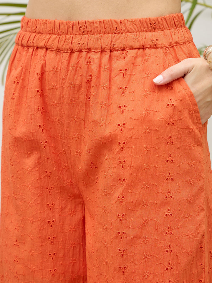 Women Orange Schiffli Tiered Shirt With Palazzo Pants