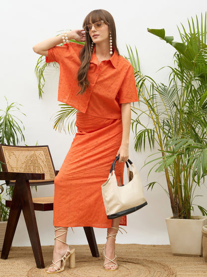 Women Orange Schiffli Shirt with Skirt