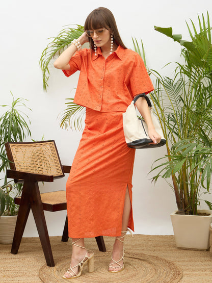Women Orange Schiffli Shirt with Skirt