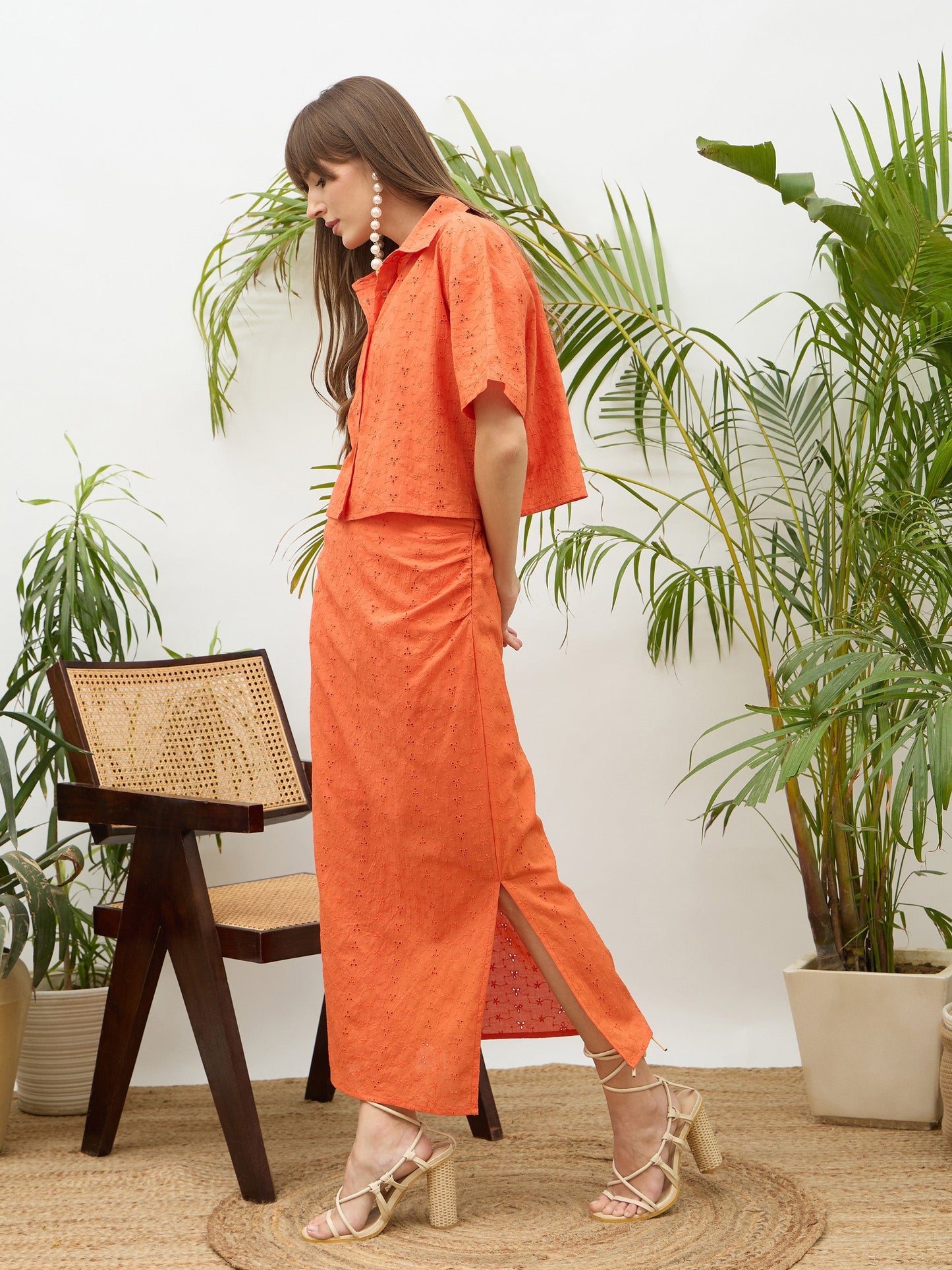 Women Orange Schiffli Shirt with Skirt