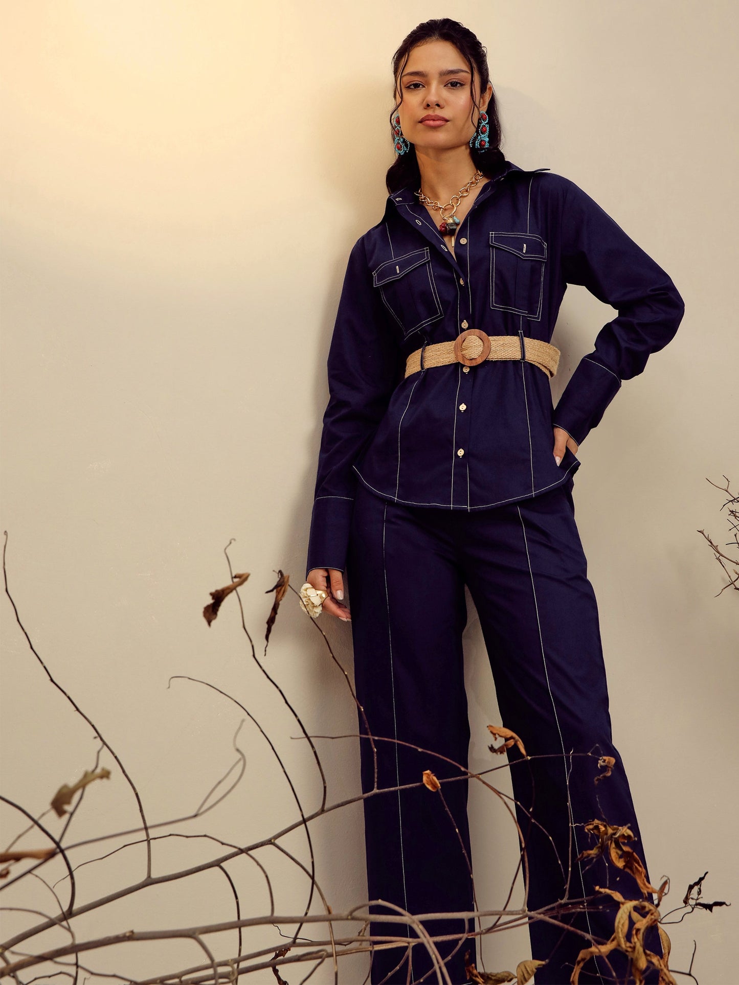Navy Poplin Belted Shirt With Straight Pants