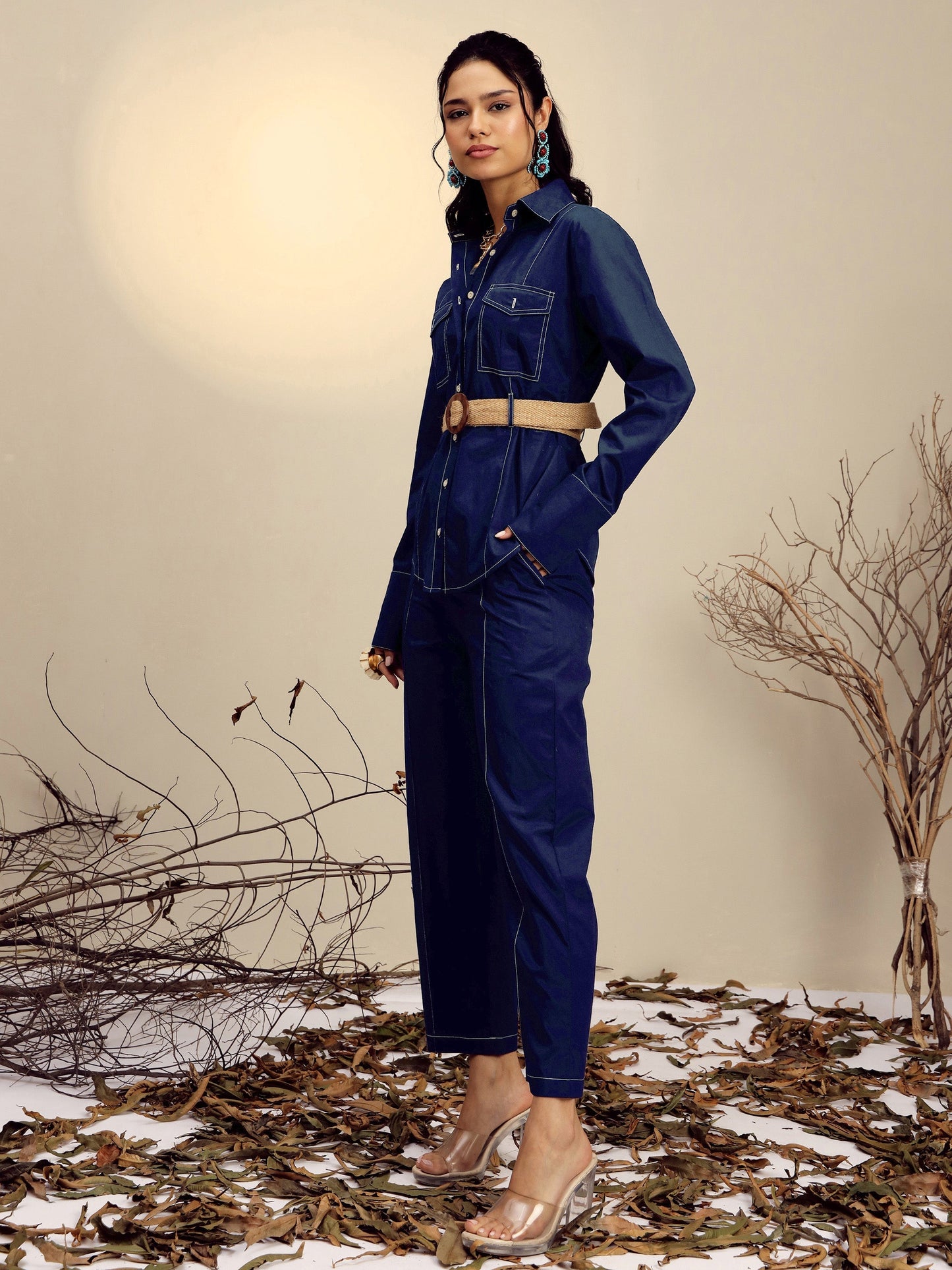 Navy Poplin Belted Shirt With Straight Pants