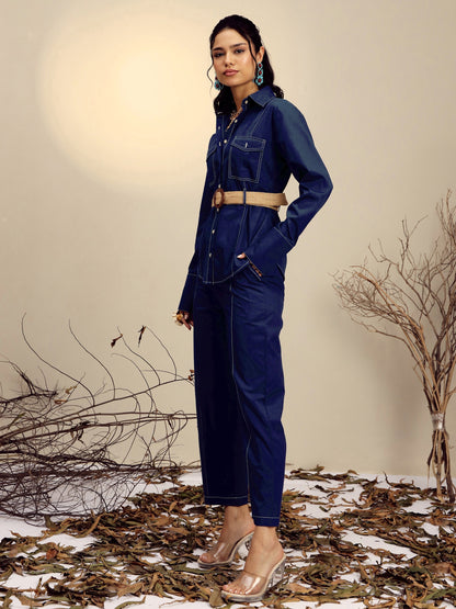 Navy Poplin Belted Shirt With Straight Pants