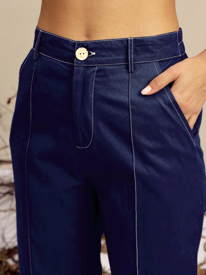Navy Poplin Belted Shirt With Straight Pants