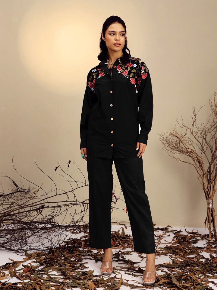 Women Black Poplin Embroidered Shirt With Pencil Pants