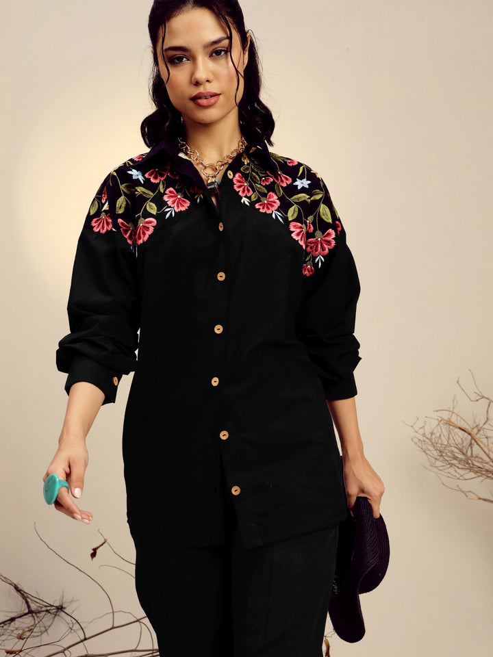 Women Black Poplin Embroidered Shirt With Pencil Pants