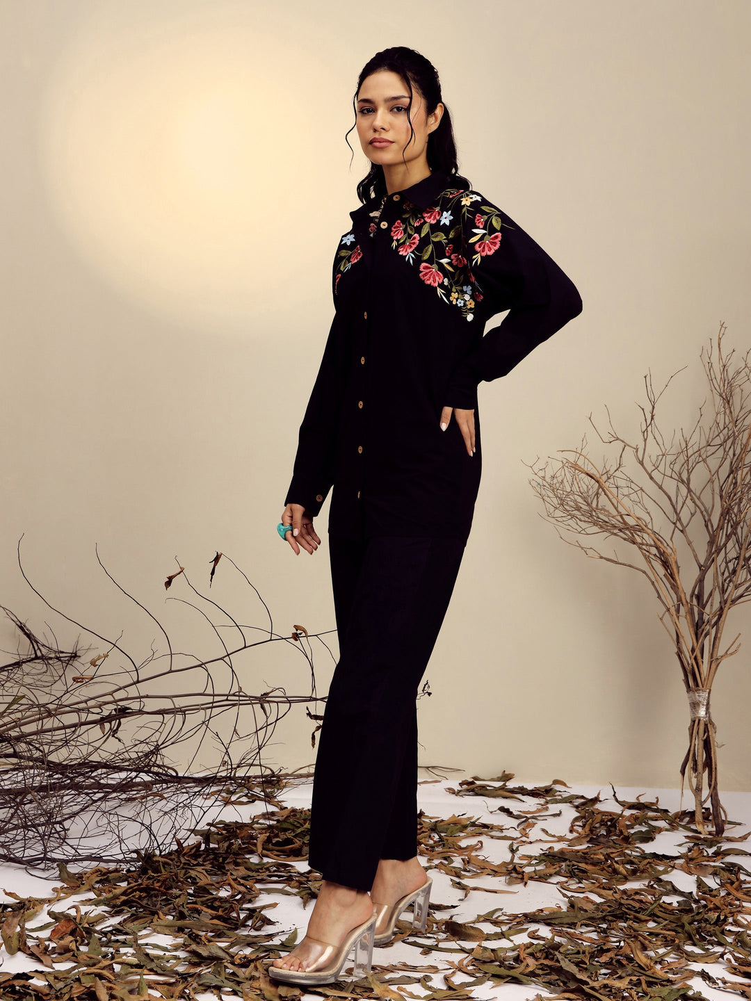 Women Black Poplin Embroidered Shirt With Pencil Pants