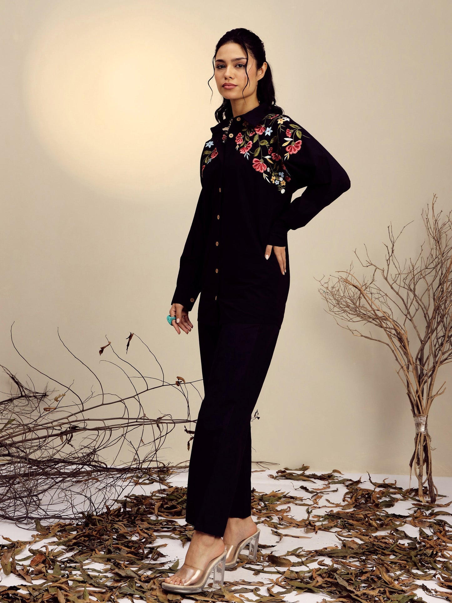 Women Black Poplin Embroidered Shirt With Pencil Pants