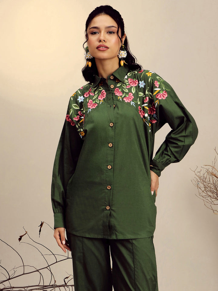 Women Olive Poplin Embroidered Shirt With Pencil Pants
