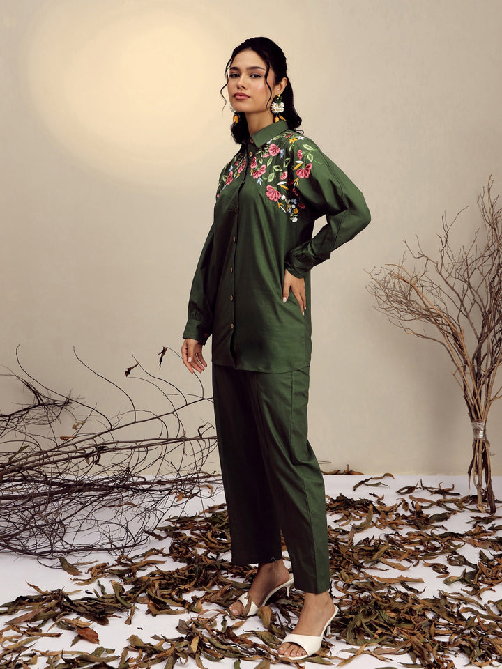 Women Olive Poplin Embroidered Shirt With Pencil Pants