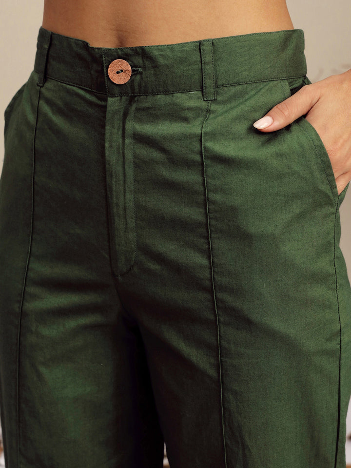 Women Olive Poplin Embroidered Shirt With Pencil Pants